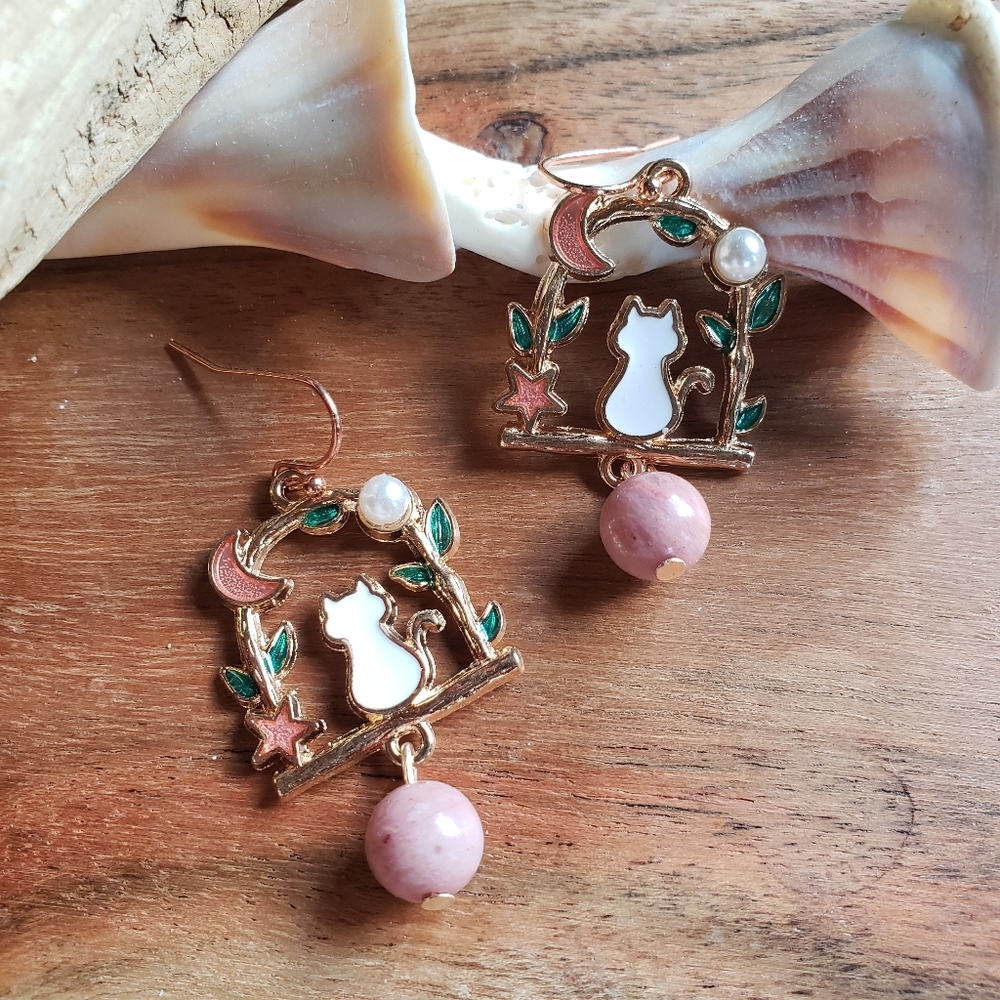 Elegant & Cute Japanese Cat & Rhodonite Stone Earrings